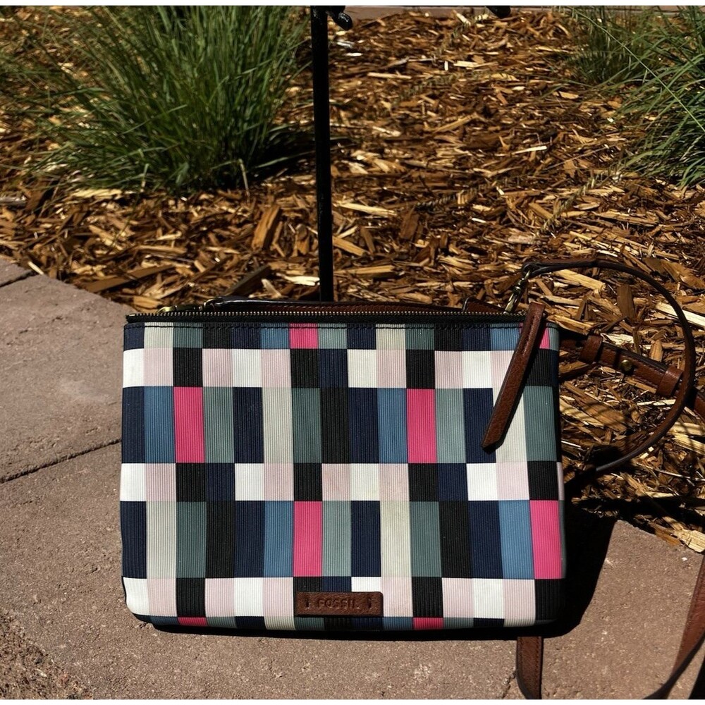 Fossil Devon Crossbody Bag Purse Checkerboard Color Patch Dual Zip Adjustable
